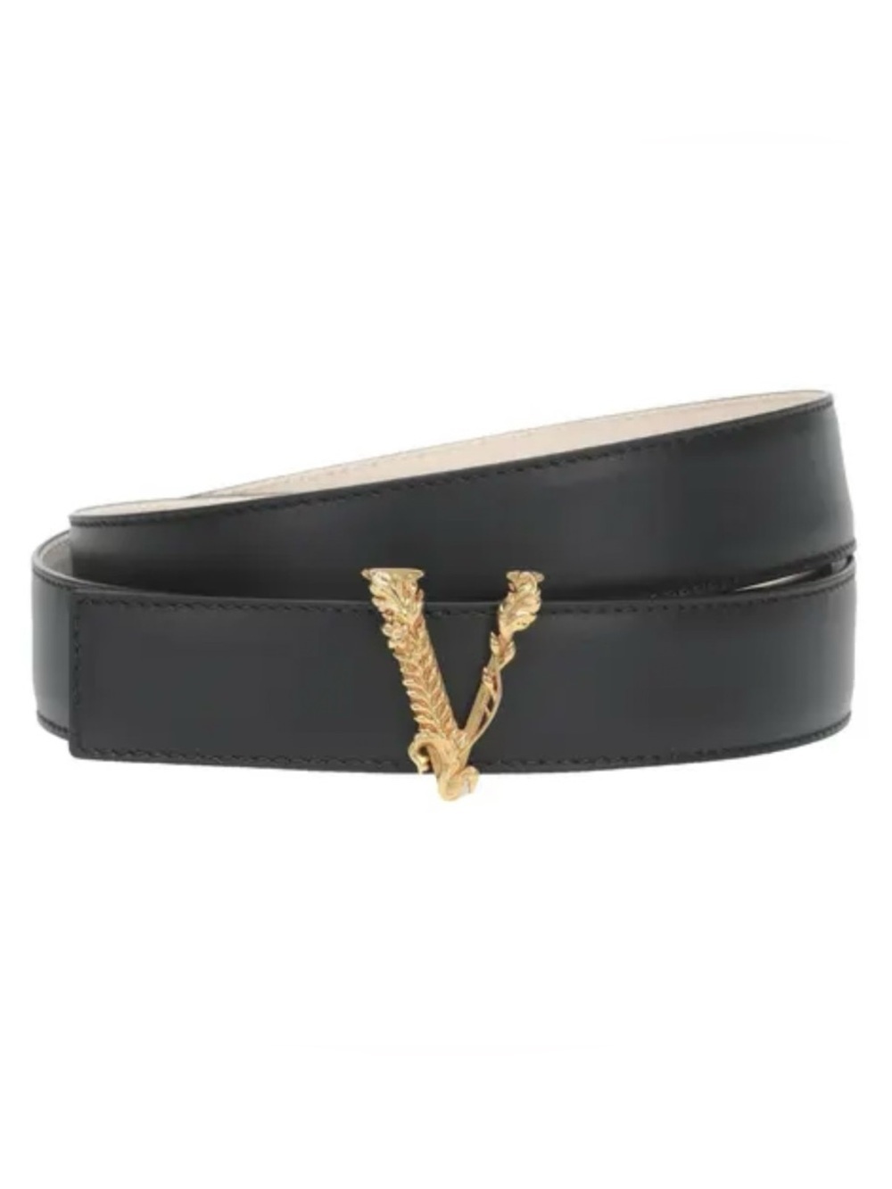 Versace Virtus Black Leather Belt with Gold V Motif - Picture 3 of 7